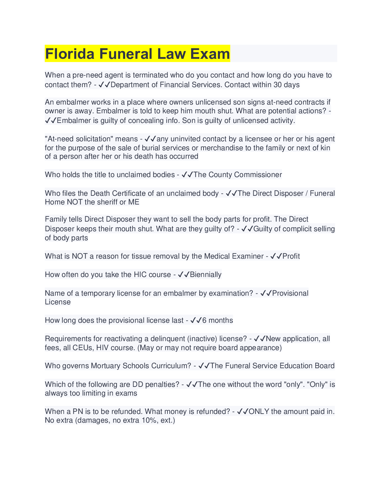 Preview image for Florida Funeral Law Exam | All Answers are Correct